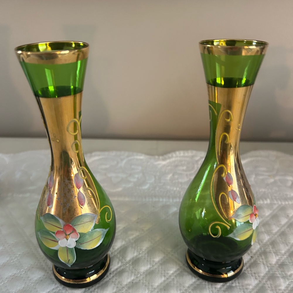 Vtg Czech Bohemian HandPainted & Gilded glass vases